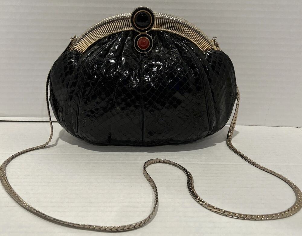 Vintage Judith Leiber Reptile Skin Clutch Bag Gold Chain Jeweled Clasp